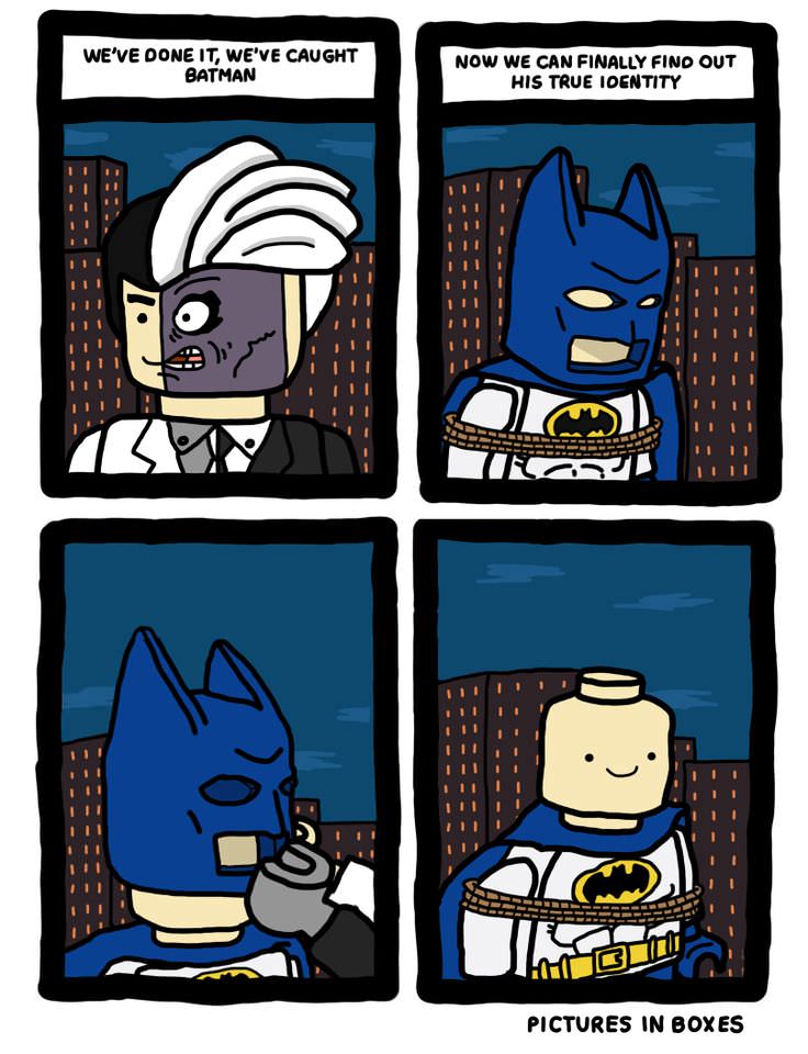 webcomic of Batman being unmasked only to reveal a generic Lego man