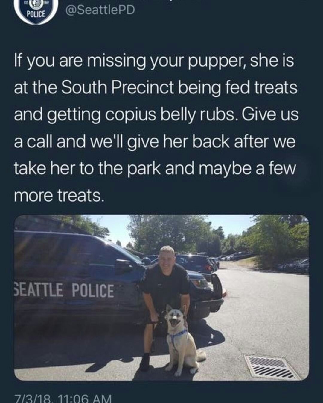 feel good tweet of police letting owner know they have their dog