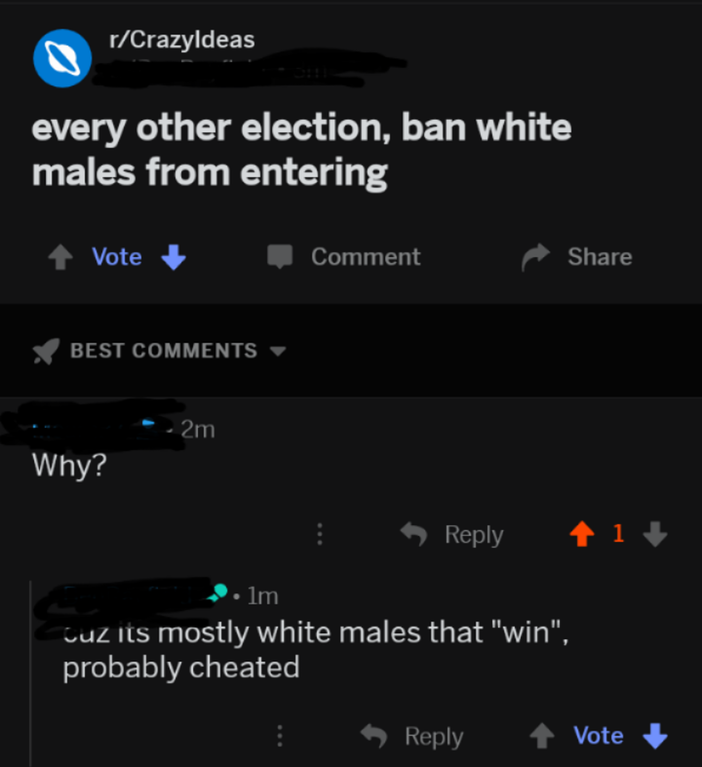 screenshot - rCrazyldeas every other election, ban white males from entering 'Vote Comment Best 2m Why? 5 1 1 2. lm cuz its mostly white males that "win". probably cheated Vote