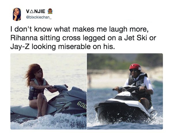 my way vs omw meme - Vanjie I don't know what makes me laugh more, Rihanna sitting cross legged on a Jet Ski or JayZ looking miserable on his. 656