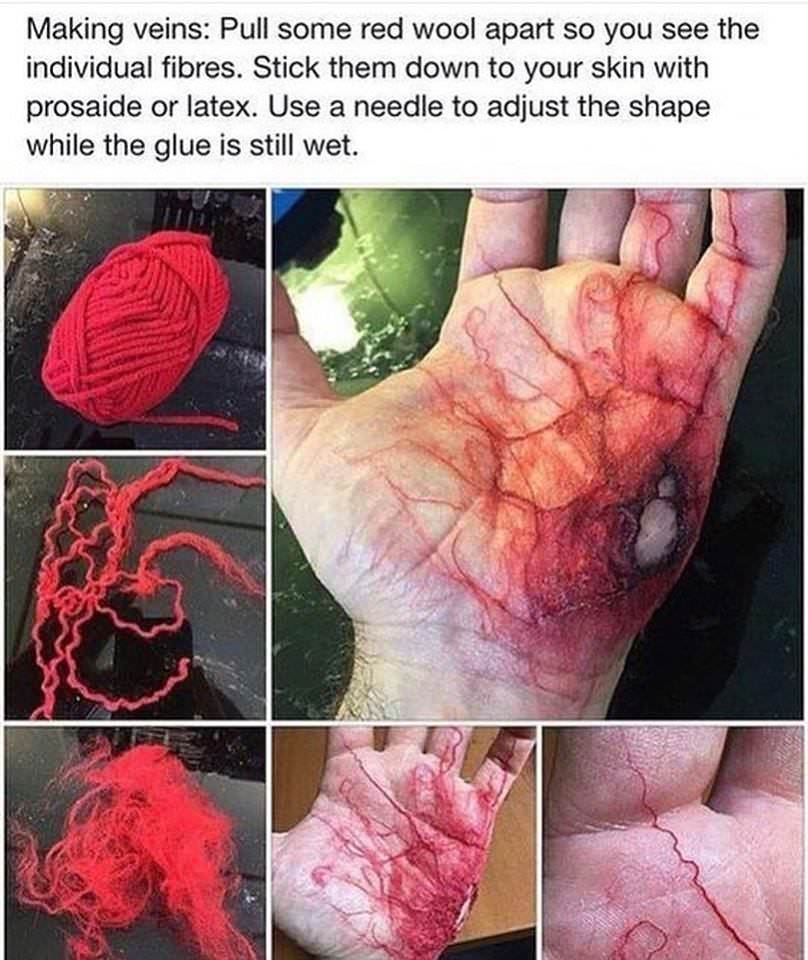 make a fake wound - Making veins Pull some red wool apart so you see the individual fibres. Stick them down to your skin with prosaide or latex. Use a needle to adjust the shape while the glue is still wet.