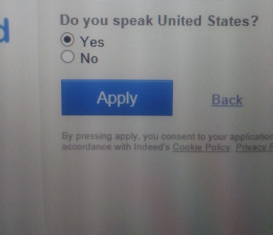 like us on facebook button - Do you speak United States? O Yes O No Apply Back By pressing apply. You consent to your application accordance with Indeed's Cookie Policy. Privacy