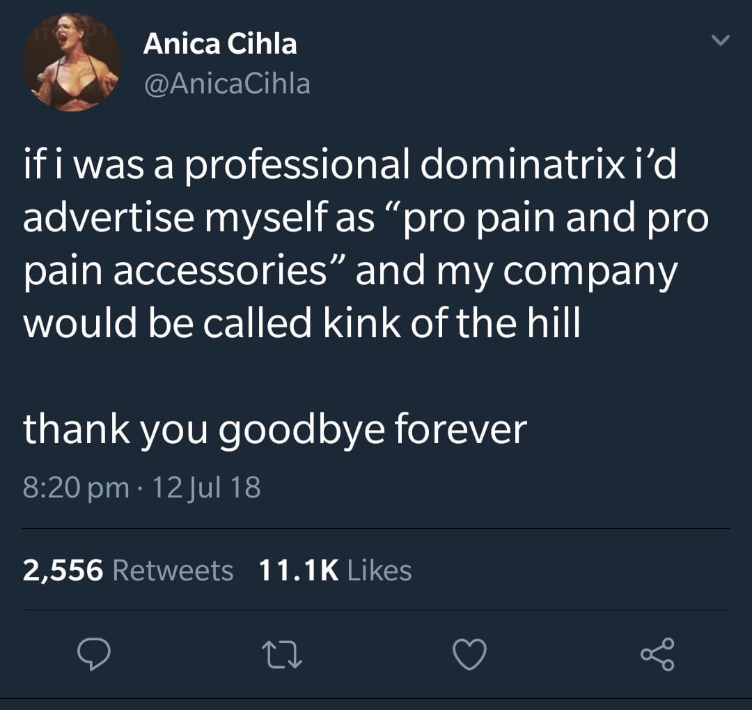Anica Cihla if i was a professional dominatrix i'd advertise myself as pro pain and pro pain accessories and my company would be called kink of the hill thank you goodbye forever 12 Jul 18 2,556