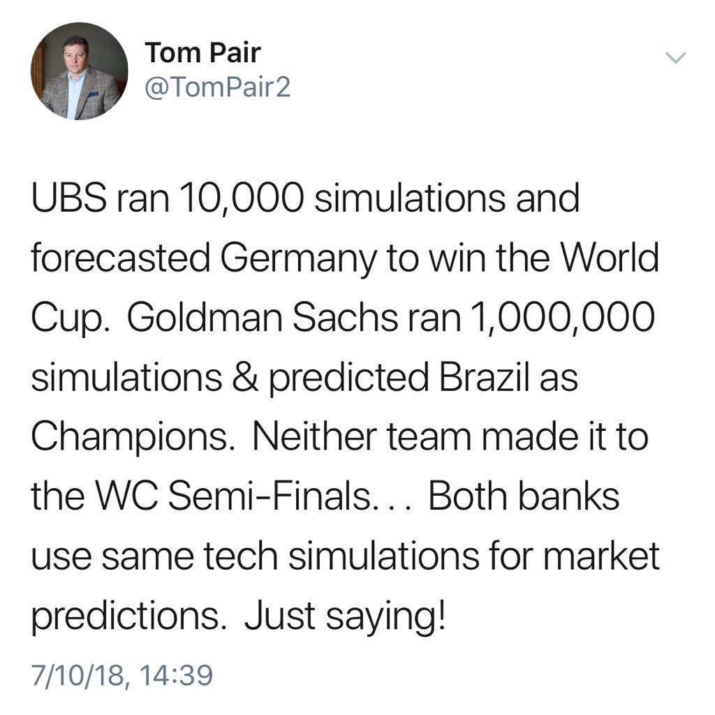 tweets about detention centers - Tom Pair Pair2 Ubs ran 10,000 simulations and forecasted Germany to win the World Cup. Goldman Sachs ran 1,000,000 simulations & predicted Brazil as Champions. Neither team made it to the Wc SemiFinals... Both banks use sa