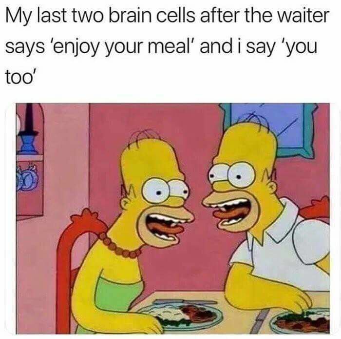 my last two brain cells meme - My last two brain cells after the waiter says 'enjoy your meal' and i say 'you too'