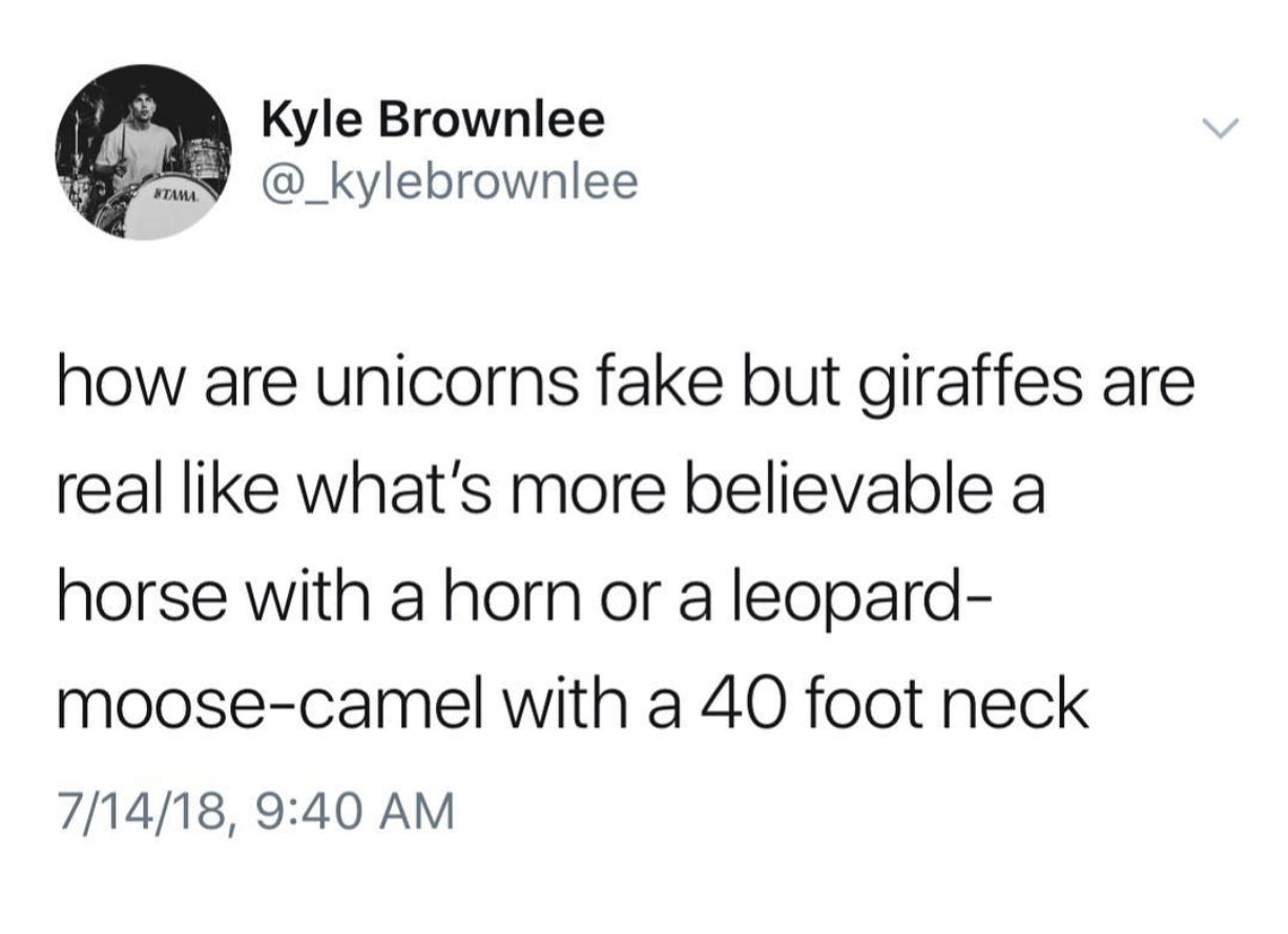 work hard in your 20s - Kyle Brownlee how are unicorns fake but giraffes are real what's more believable a horse with a horn or a leopard moosecamel with a 40 foot neck 71418,