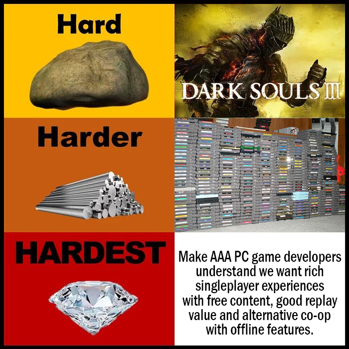 hard games memes - Hard Dark Souls Ii Harder Hardest Make Aaa Pc game developers understand we want rich singleplayer experiences with free content, good replay value and alternative coop with offline features.