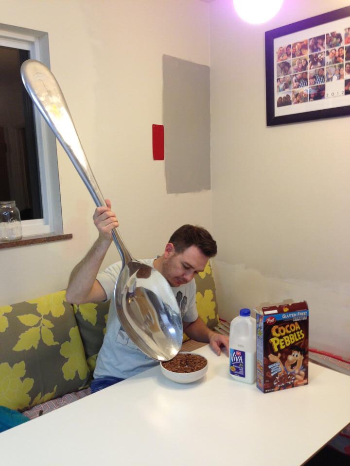 eating cereal with giant spoon - Gluten Free Ocoa Pebbles