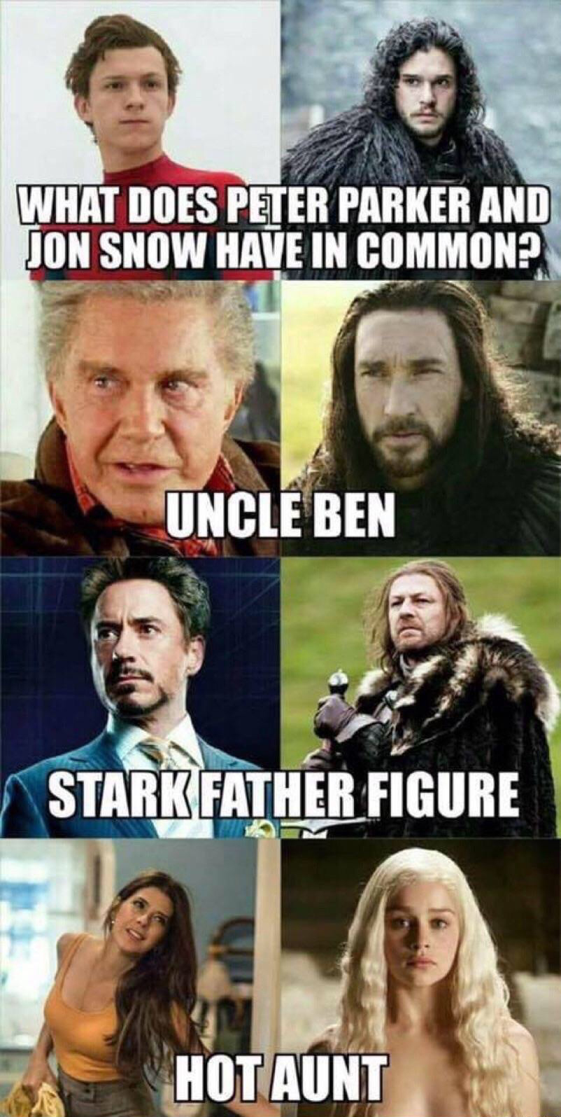 peter parker and jon snow - What Does Peter Parker And Jon Snow Have In Common? Uncle Ben Stark Father Figure Hot Aunt