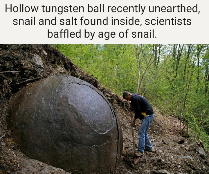 bosnia sphere - Hollow tungsten ball recently unearthed, snail and salt found inside, scientists baffled by age of snail.