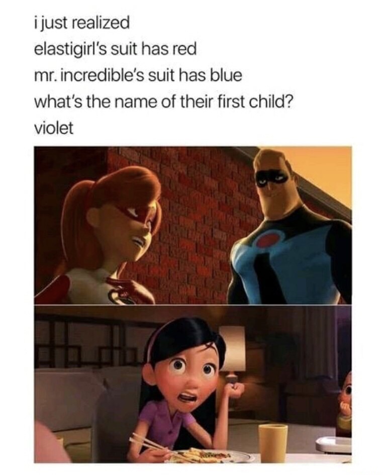helen parr - i just realized elastigirl's suit has red mr. incredible's suit has blue what's the name of their first child? violet