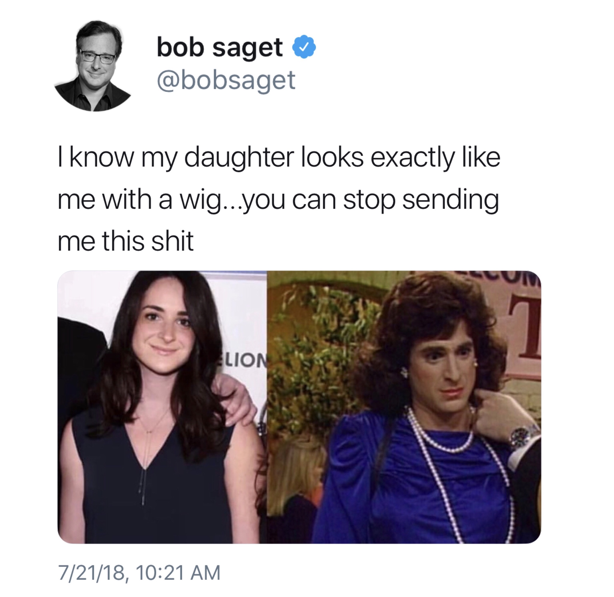 bob saget daughter meme - bob saget I know my daughter looks exactly me with a wig...you can stop sending me this shit Lion 72118,