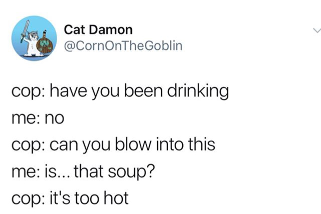 angle - Cat Damon cop have you been drinking me no cop can you blow into this me is... that soup? cop it's too hot