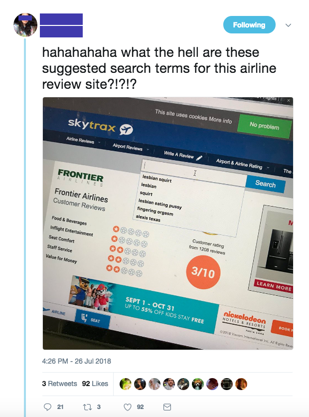 web page - ing hahahahaha what the hell are these suggested search terms for this airline review site?!?!? This st o skytrax r into No proble Aportar Frontier Search Frontier Airlines Castor Reviews Os Oo 00 00 310 SeptiO 103850 Stare 3. Antwoots 82 @ @..