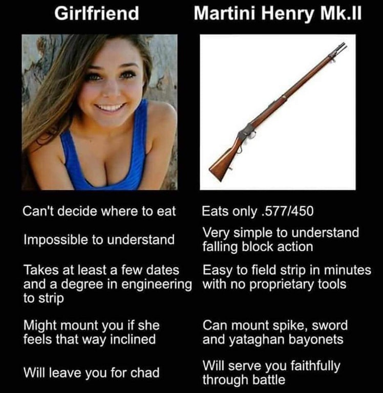 woman can t decide what to eat - Girlfriend Martini Henry Mk.Il Can't decide where to eat Eats only .577450 Very simple to understand Impossible to understand falling block action Takes at least a few dates Easy to field strip in minutes and a degree in e