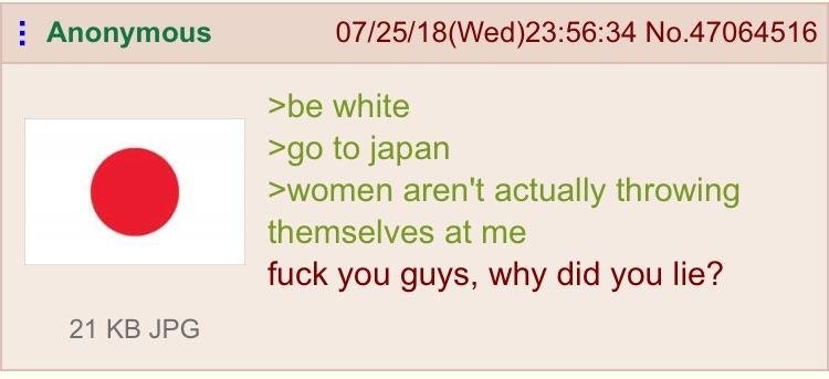 anon goes to japan - Anonymous 072518Wed34 No.47064516 >be white >go to japan >women aren't actually throwing themselves at me fuck you guys, why did you lie? 21 Kb Jpg
