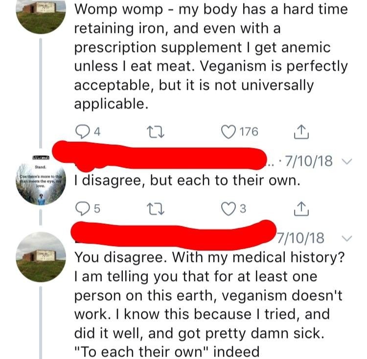 material - Whe Stand Cos there's more to the an meets the eye, Womp womp my body has a hard time retaining iron, and even with a prescription supplement I get anemic unless I eat meat. Veganism is perfectly acceptable, but it is not universally applicable