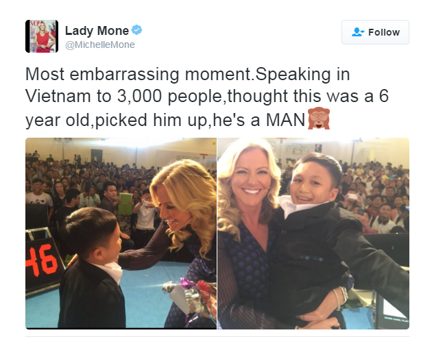 lady mone vietnam - 4. Lady Mone Mone Most embarrassing moment. Speaking in Vietnam to 3,000 people, thought this was a 6 year old, picked him up, he's a Man