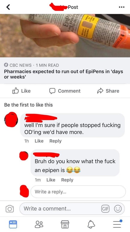 epi pen vs narcan - Post Epipe 5 Epinea AutoInjec Cbc News 1 Min Read Pharmacies expected to run out of EpiPens in 'days or weeks' Comment Be the first to this well I'm sure if people stopped fucking Od'ing we'd have more. 1h Bruh do you know what the fuc