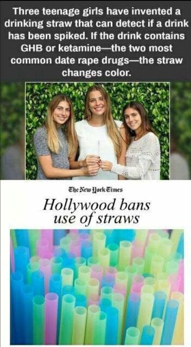 hollywood bans straws - Three teenage girls have invented a drinking straw that can detect if a drink has been spiked. If the drink contains Ghb or ketamine the two most common date rape drugsthe straw changes color. The New York Times Hollywood bans use 
