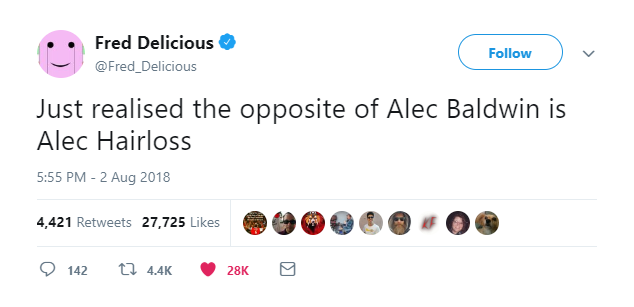 memes - andy robertson tweet - Fred Delicious Just realised the opposite of Alec Baldwin is Alec Hairloss 4,421 27,725 90 Or 142 12 28K