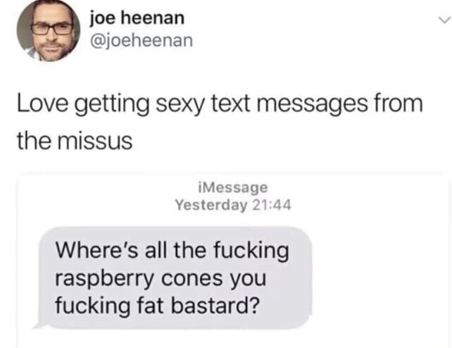 memes - raspberry cones meme - joe heenan Love getting sexy text messages from the missus iMessage Yesterday Where's all the fucking raspberry cones you fucking fat bastard?