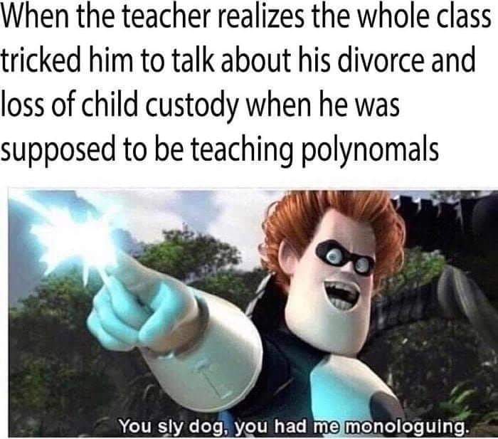 memes - funniest memes of all time - When the teacher realizes the whole class tricked him to talk about his divorce and loss of child custody when he was supposed to be teaching polynomals You sly dog, you had me monologuing.