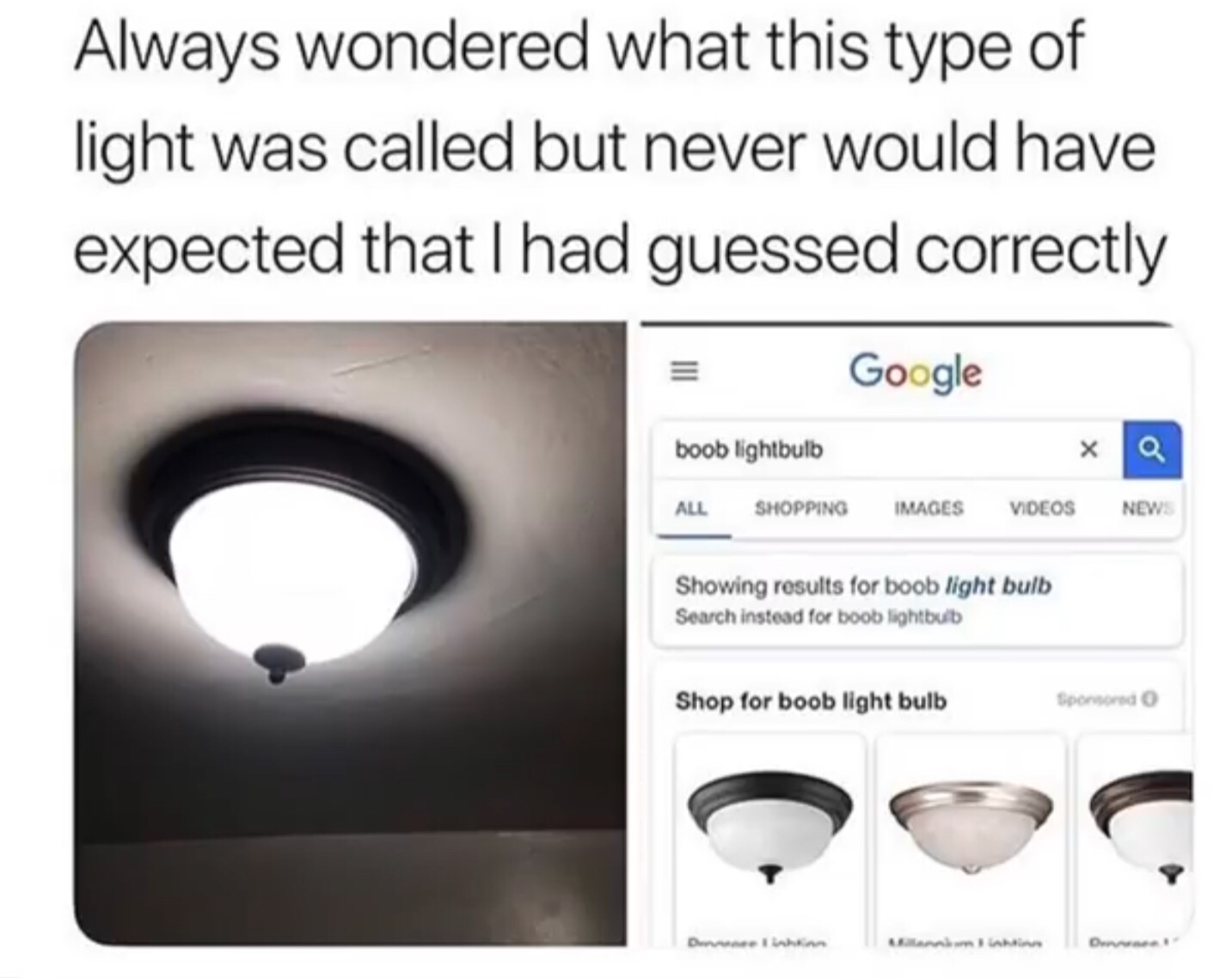 memes - boob lights meme - Always wondered what this type of light was called but never would have expected that I had guessed correctly Google boob lightbulb All Shopping Images Videos News Showing results for boob light bulb Search instead for boob ligh
