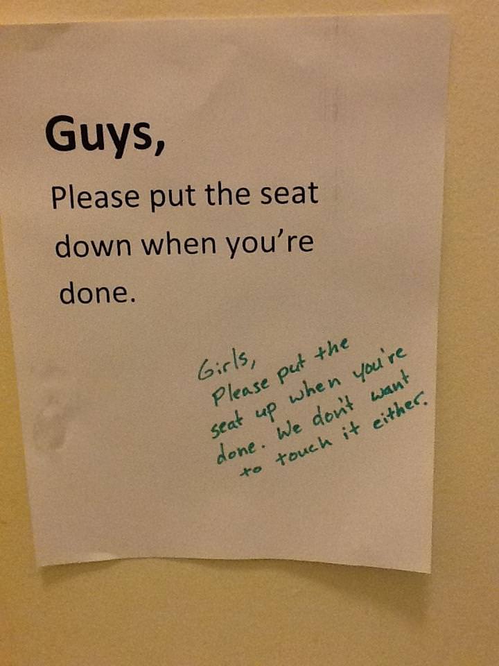 hand written note asking men to put the seat down when done with the toilet and man jotted down asking women to put the seat up when they are done