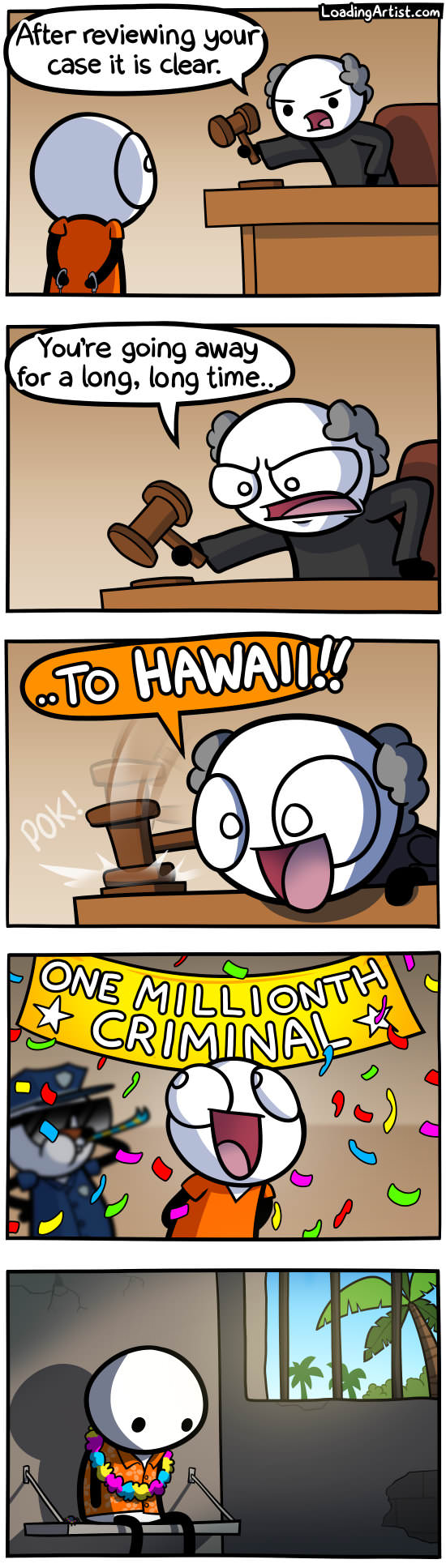 Dry humor webcomic about being the millionth convict and going to Hawaii, but it is a prison in hawaii