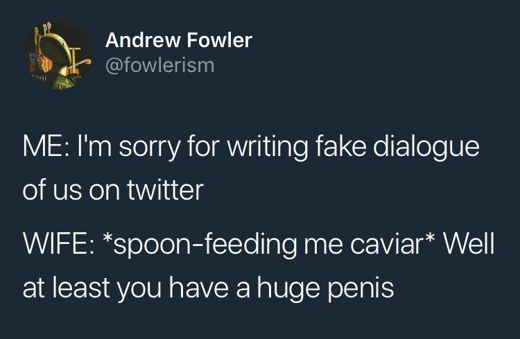 funny picture of a presentation - Andrew Fowler Me I'm sorry for writing fake dialogue of us on twitter Wife spoonfeeding me caviar Well at least you have a huge penis