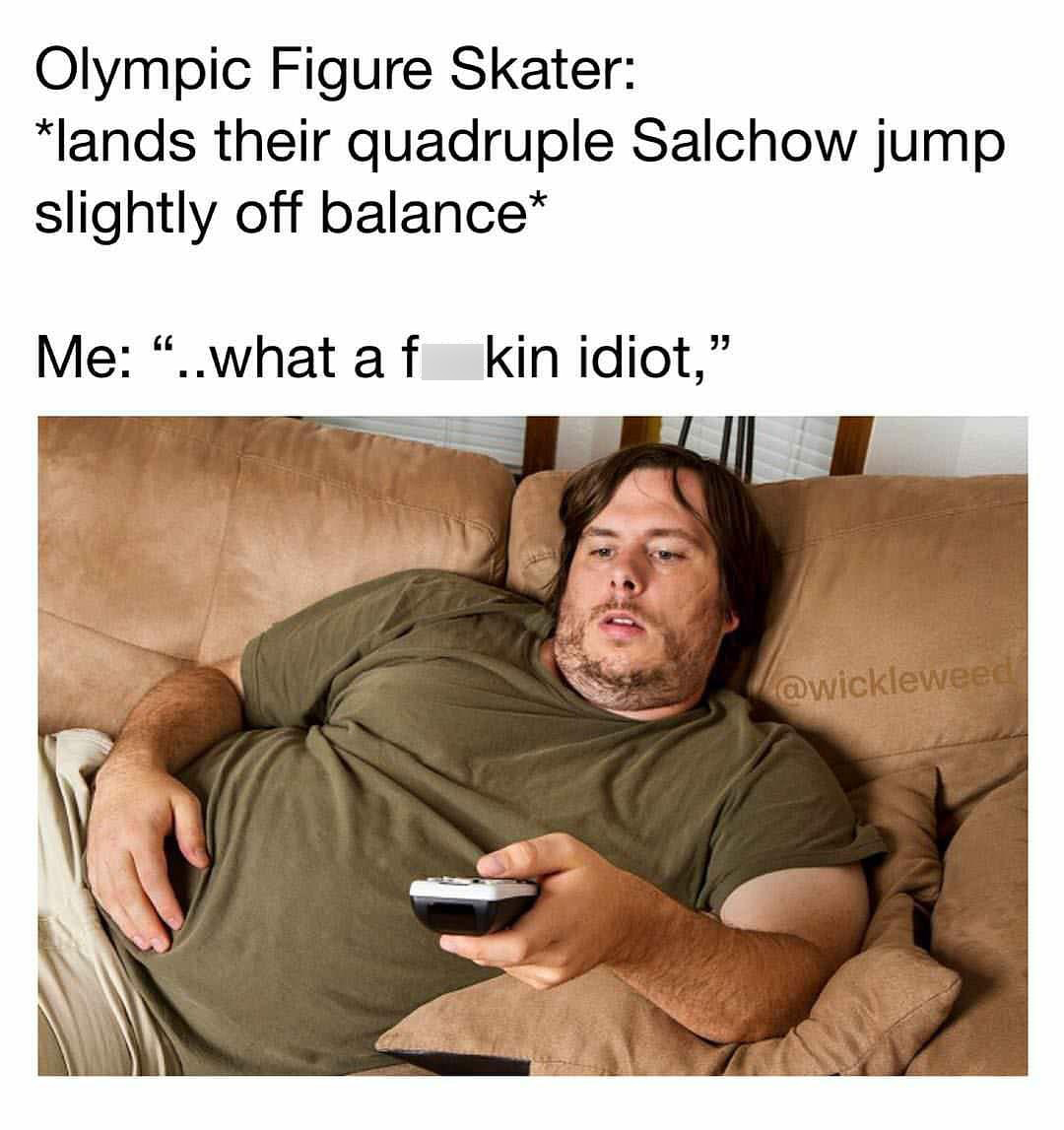 funny picture of a fucking idiot meme - Olympic Figure Skater lands their quadruple Salchow jump slightly off balance Me ..what af kin idiot,