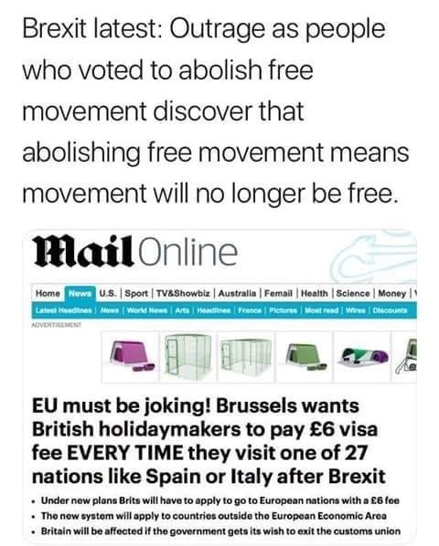 daily mail free movement - Brexit latest Outrage as people who voted to abolish free movement discover that abolishing free movement means movement will no longer be free. Mail Online Home News U.S.Sport Tv&Showbiz Australia Femail Health Science Money La