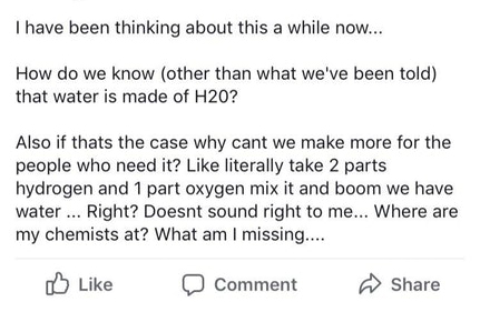 document - I have been thinking about this a while now... How do we know other than what we've been told that water is made of H20? Also if thats the case why cant we make more for the people who need it? literally take 2 parts hydrogen and 1 part oxygen 