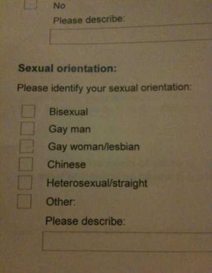 your sexual orientation chinese - No Please describe Sexual orientation Please identify your sexual orientation Bisexual Gay man Gay womanlesbian Chinese Heterosexualstraight Other Please describe
