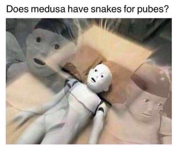 shocked robot meme about wondering if Medusa has snakes for pubes