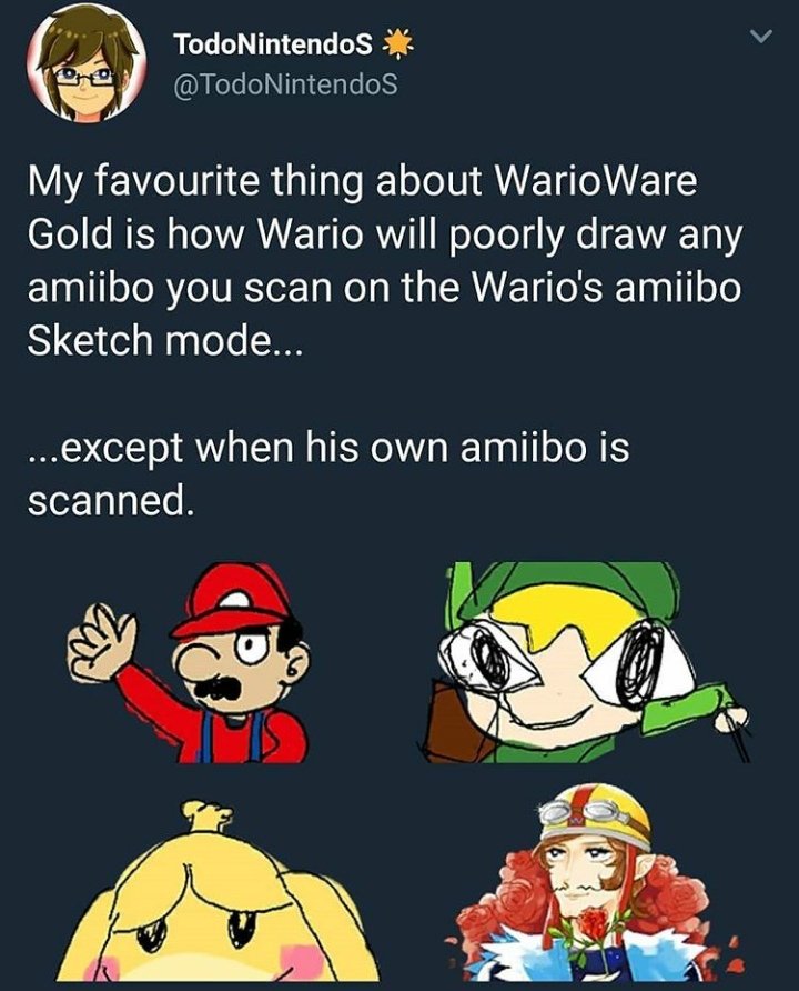 warioware memes - Todo Nintendos My favourite thing about WarioWare Gold is how Wario will poorly draw any amiibo you scan on the Wario's amiibo Sketch mode... ...except when his own amiibo is scanned.
