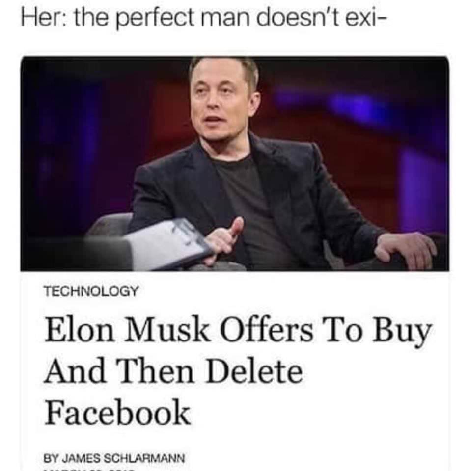 elon musk memes - Her the perfect man doesn't exi Technology Elon Musk Offers To Buy And Then Delete Facebook By James Schlarmann