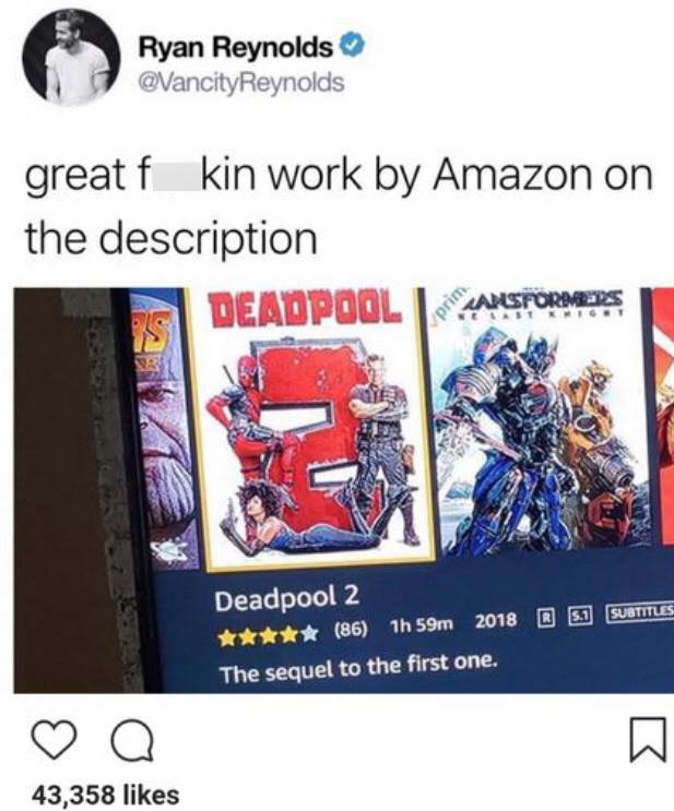 ryan reynolds amazon deadpool - Ryan Reynolds Reynolds great f kin work by Amazon on the description Deadpool I Lansformers R 5 Subtitles Deadpool 2 ttttt 86 1h 59m 2018 The sequel to the first one. Q 43,358