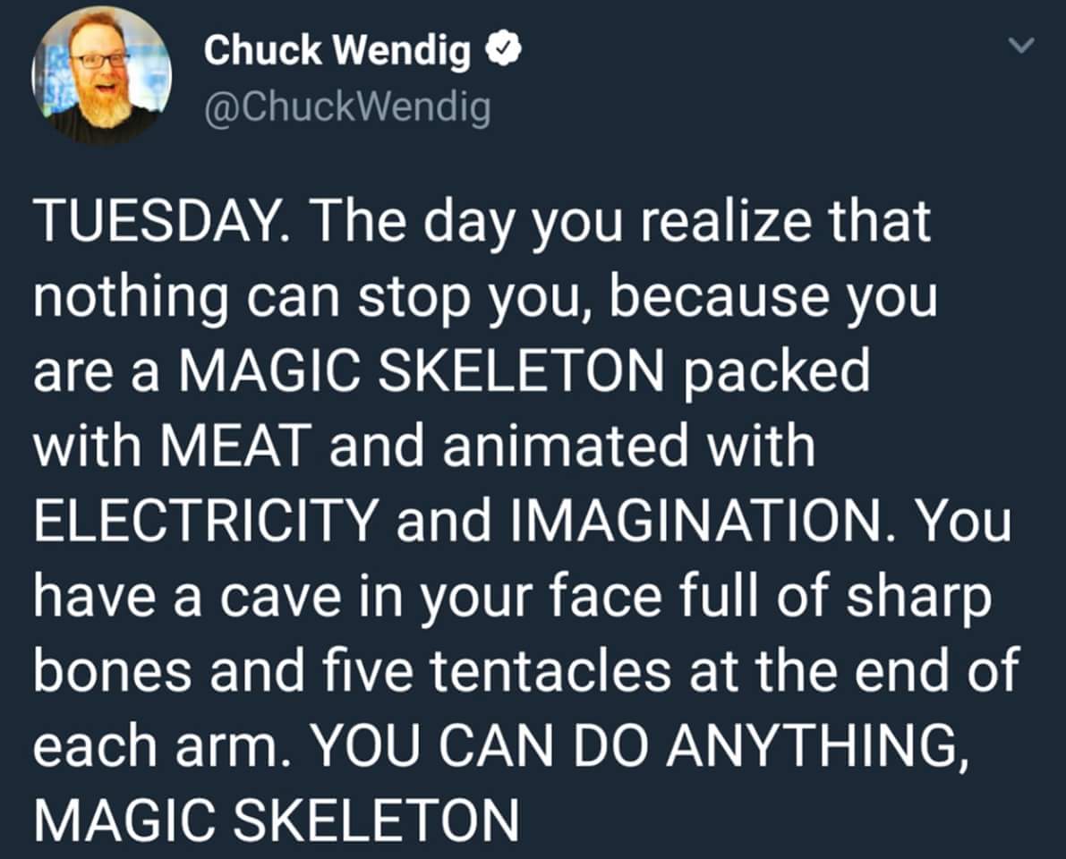 material - Chuck Wendig Tuesday. The day you realize that nothing can stop you, because you are a Magic Skeleton packed with Meat and animated with Electricity and Imagination. You have a cave in your face full of sharp bones and five tentacles at the end