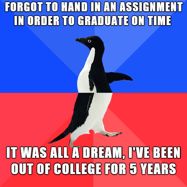 memes - beak - Forgot To Hand In An Assignment In Order To Graduate On Time It Was All A Dream, I'Ve Been Out Of College For 5 Years