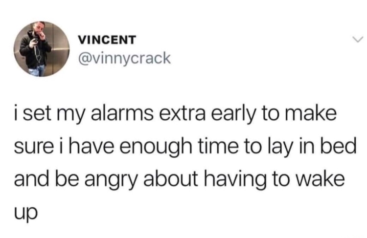 memes - bipolar memes - Vincent i set my alarms extra early to make sure i have enough time to lay in bed and be angry about having to wake up