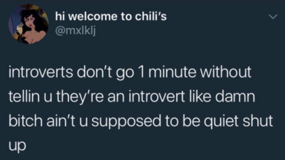 memes - hi welcome to chili's introverts don't go 1 minute without tellin u they're an introvert damn bitch ain't u supposed to be quiet shut up