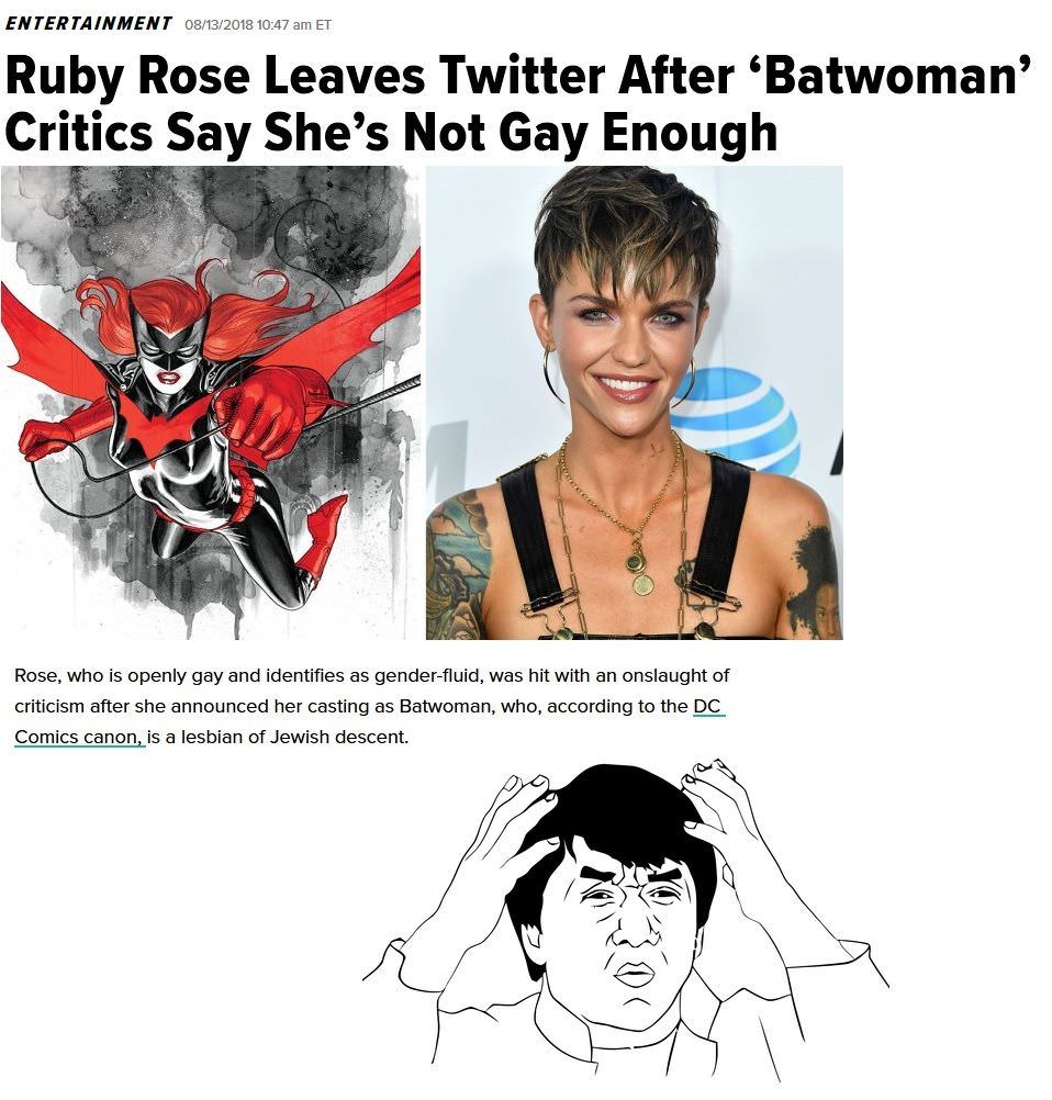 ruby rose batwoman - Entertainment 08132018 Et Ruby Rose Leaves Twitter After 'Batwoman' Critics Say She's Not Gay Enough Rose, who is openly gay and identifies as genderfluid, was hit with an onslaught of criticism after she announced her casting as Batw