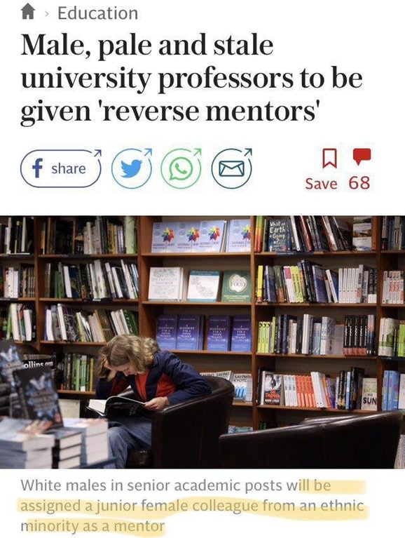 public library - Education Male, pale and stale university professors to be given 'reverse mentors' f 0. Save 68 ollinen White males in senior academic posts will be assigned a junior female colleague from an ethnic minority as a mentor