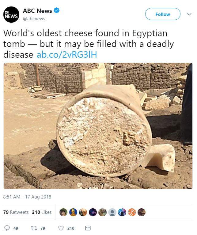 egyptian tomb cheese - Abc News News World's oldest cheese found in Egyptian tomb but it may be filled with a deadly disease ab.co2vRG3IH 79 210 497 79 210