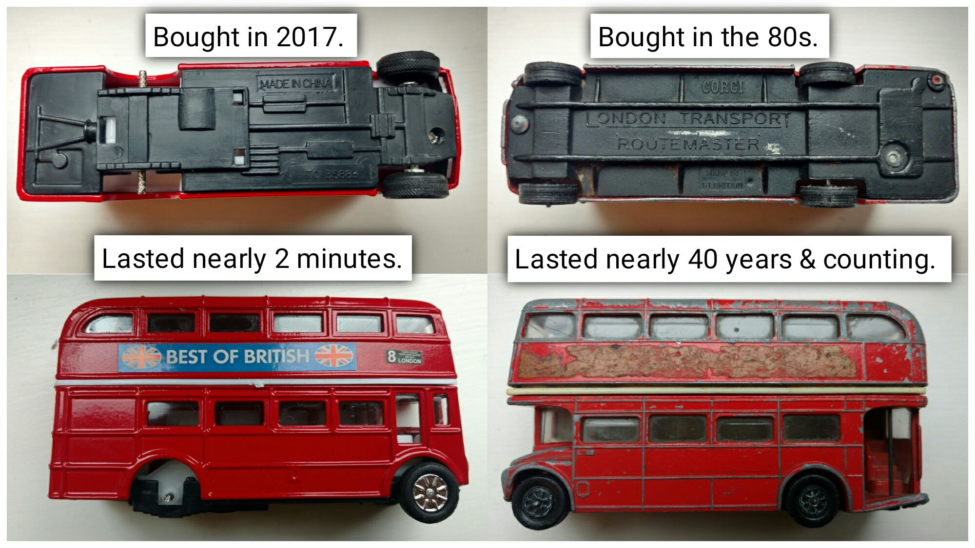 double decker bus - Bought in 2017. Bought in the 80s. Mulenge London Transport Pou Emre Lasted nearly 2 minutes. Lasted nearly 40 years & counting. Best Of British