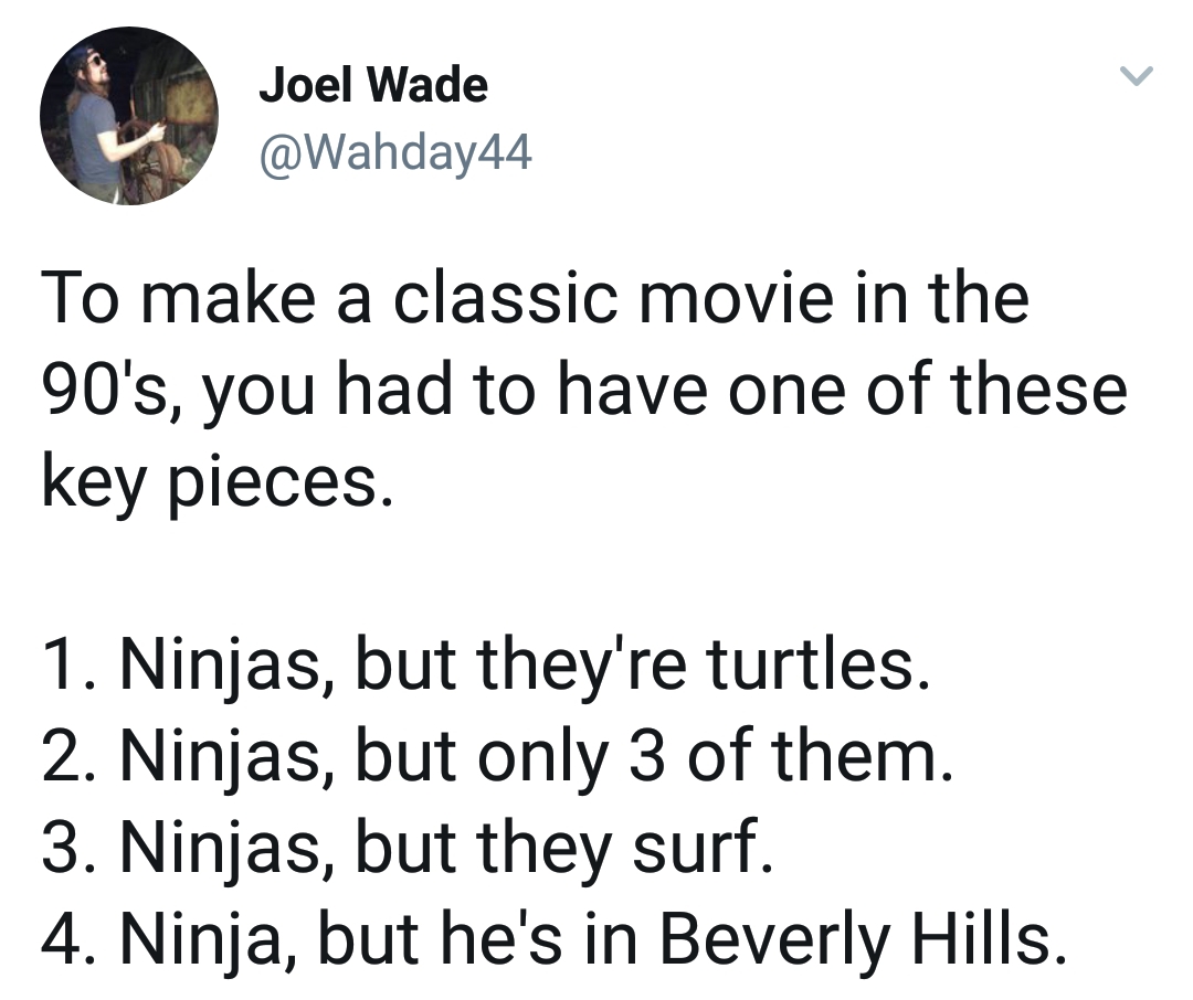 angle - Joel Wade To make a classic movie in the 90's, you had to have one of these key pieces. 1. Ninjas, but they're turtles. 2. Ninjas, but only 3 of them. 3. Ninjas, but they surf. 4. Ninja, but he's in Beverly Hills.