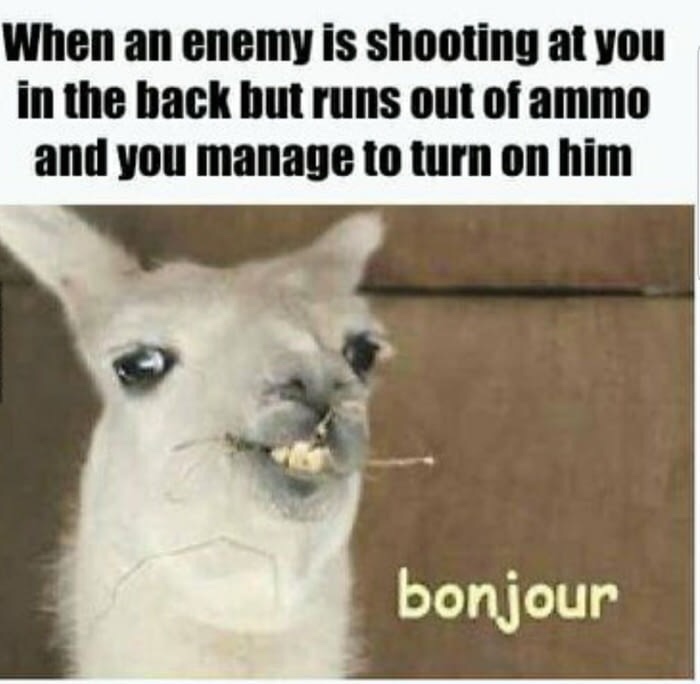 bonjour meme - When an enemy is shooting at you in the back but runs out of ammo and you manage to turn on him bonjour