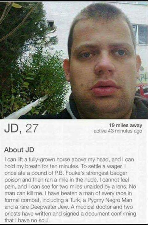 hilarious tinder profile of man who is crazy